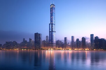 Obraz premium Chicago cityscape featuring modern skyscrapers reflecting beautiful night sky lights on water.