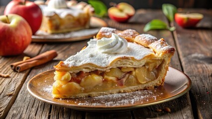 Warmly glowing slice of homemade apple pie on a rustic wooden table, topped with a generous dollop of whipped cream and a sprinkle of powdered sugar , sweet treat, dessert