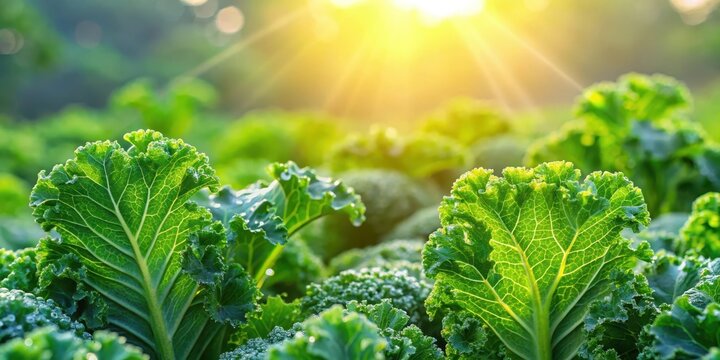 Fresh green kale leaves growing in a sunlit field with sunlight filtering through the trees and dew drops glistening on the leaves, nature, fresh produce