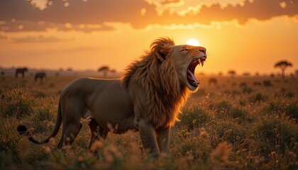 Majestic lion roars at sunrise in the African savanna.