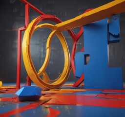 Bold outlines, saturated hues of yellow, red, and blue dominate a playful composition ,  retro,  vintage, pop art