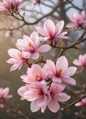 Delicate pink magnolia blossoms on a branch, soft spring light ,  blossom,  texture