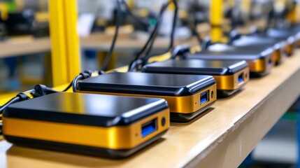 Naklejka premium A row of small electronic devices are lined up on a table