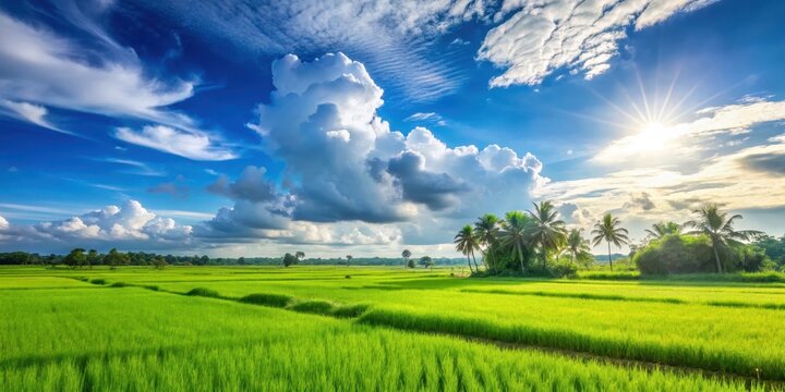 Rolling green paddy fields stretch out under a brilliant blue sky with fluffy white clouds, set against a warm sun-kissed backdrop , blue sky, lush landscape