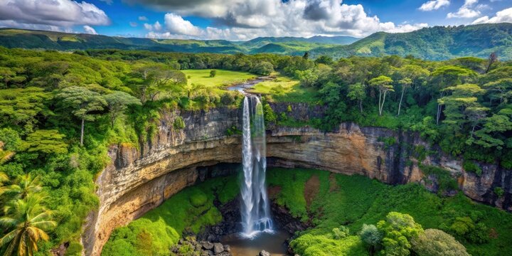 Chamarel Waterfall Tropical Island Top View, natural haven, lush greenery