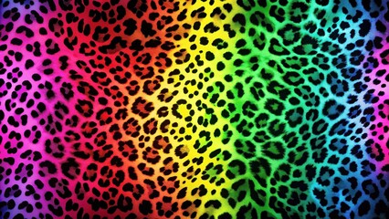 Obraz premium Leopard pattern with neon green yellow blue orange and pink hues on a dark black background creating an energetic and lively atmosphere, vibrant colors, nighttime scene