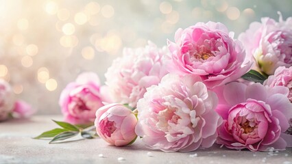 Soft pink peony flowers scattered on a white background with subtle texture and gentle light rays, beautiful pink flowers, botanical photography