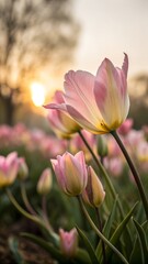 Naklejka premium Pink tulip blooms are opening in a field at sunrise, creating a beautiful soft morning scene.