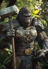 A 3D superhero gorilla in armor, holding a giant hammer, standing tall in a jungle. Stock