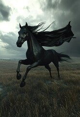 Naklejka premium A 3D superhero horse, with a flowing mane and cape, galloping across the open plains. Stock