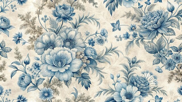 Vintage-inspired floral toile with blue and white hues on a soft