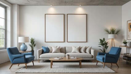 Fototapeta premium Modern Minimalist Living Room with Cozy Sofa and Stylish Armchairs Surrounded by Natural Light