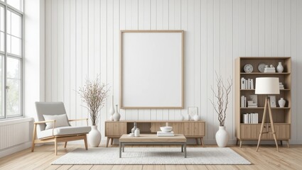 Modern Minimalist Living Room with Wooden Furniture and Neutral Color Palette in Bright Space