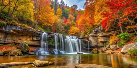 Fototapeta premium Vibrant autumn foliage cascades down a rocky waterfall in Red River Gorge
