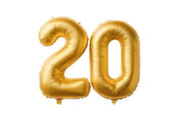 Golden number 20 balloon on black background: celebration and festivity symbol, cut out