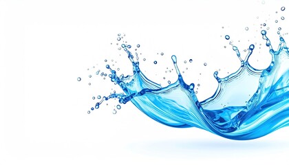 Dynamic blue water splash against white background, demonstrating liquid motion and fluidity with high-speed photography capturing intricate details of water droplets and wave patterns.