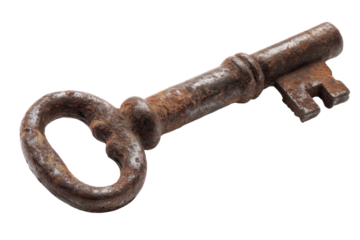 Antique rusty iron key on black background, cut out