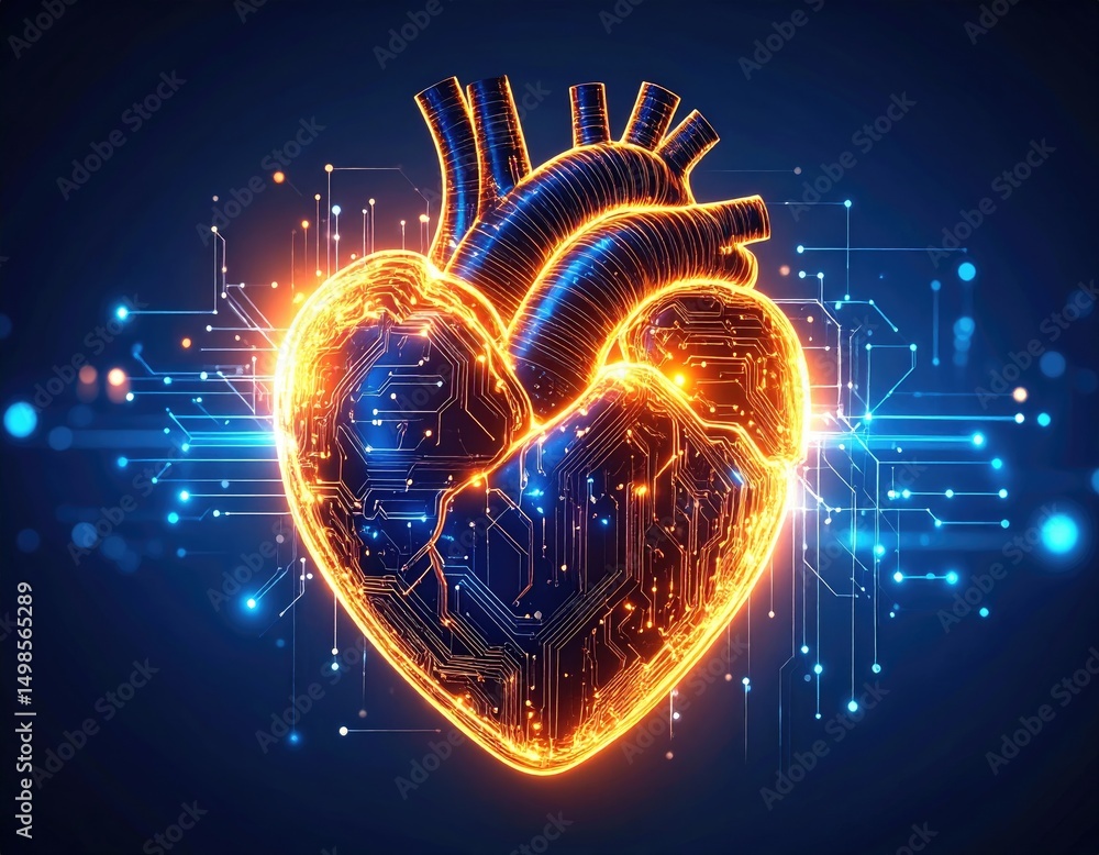 Poster digital illustration of a glowing heart with circuit-like lines and blue bokeh on a dark background 