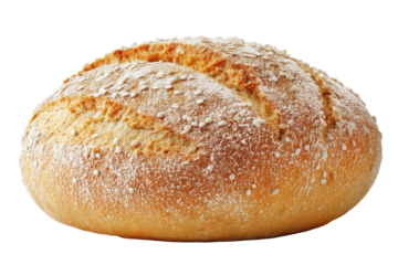 Rustic artisan round bread with flour dusting and crust details, cut out