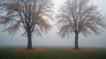 Obraz premium Two Autumn Trees with Yellow Leaves in a Foggy Landscape Creating a Peaceful Atmosphere