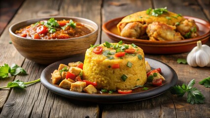 Steaming plate of mofongo with savory garlic sauce and tender chicken pieces on side, food, mofongo,  food