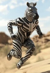 A 3D superhero zebra, with lightning speed and a black-and-white striped suit, running through a desert. Stock