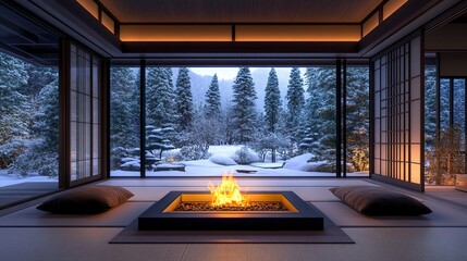 A firelit tatami room in a mountain home, framed by open shoji revealing snowy pine woods, evening glow softening the space, wide-angle cozy retreat 