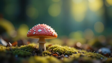 Vibrant Red Mushroom with Dewdrops Surrounded by Green Moss in a Sunlit Forest