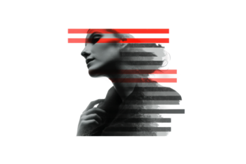Abstract portrait of young caucasian female with artistic red and black stripes, cut out