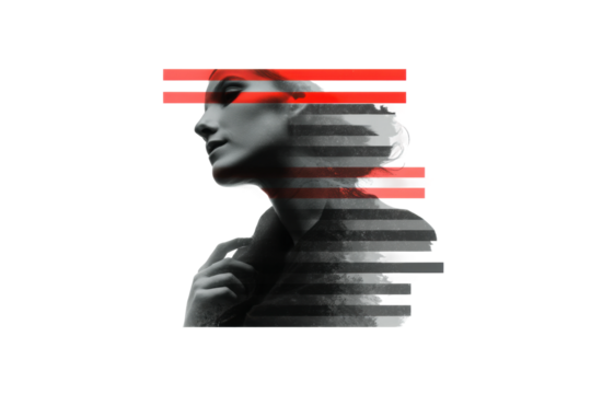 Abstract portrait of young caucasian female with artistic red and black stripes, cut out - Powered by Adobe