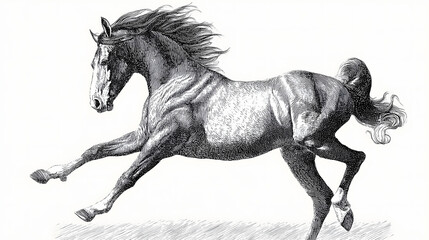 a dynamic black and white engraving of a galloping horse with strong muscle lines capturing freedom power and graceful movement