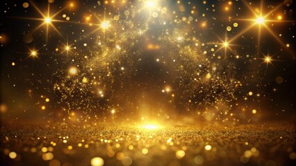 Naklejka premium Mystical atmosphere with golden glow on dark background featuring small gold particles scattered in random directions, cosmic scene, shimmering effect