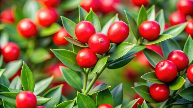 Close-up of Ruscus aculeatus sprouts with red berries, detailed botanical image, red berries, ruscus
