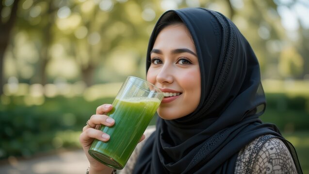 Young Woman Smiling While Enjoying Green Juice in Park with Lush Background on a Sunny Day