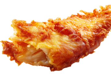 Crispy golden battered fish isolated on white background, cut out