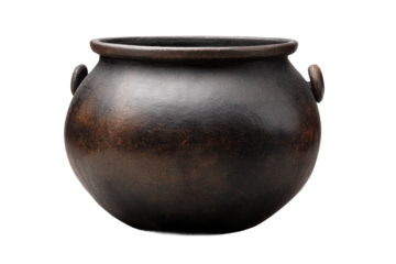 Vintage rustic black pottery cauldron with handles on black background, cut out