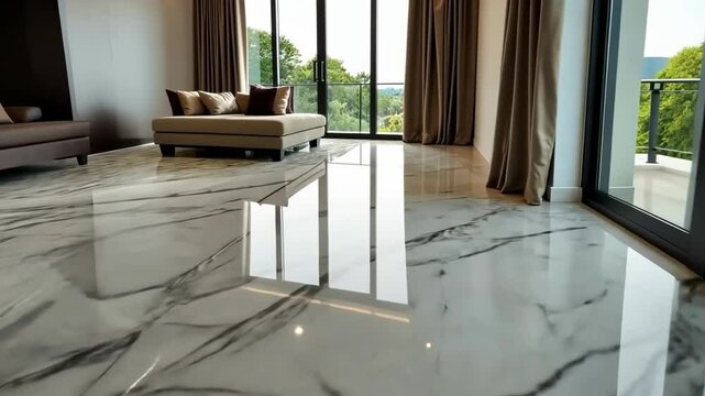 Elegant marble flooring shines in spacious modern living area with large windows and natural light