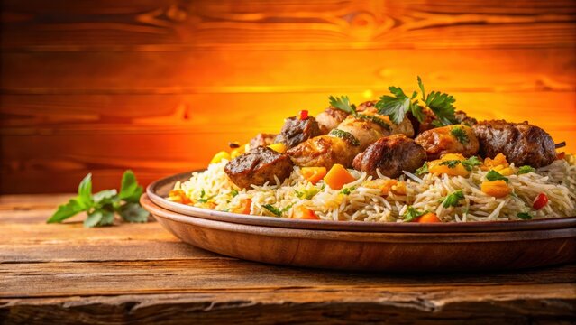 Aromatic basmati rice and marinated chelo kebab served in a large dish on a wooden table with an orange background , side view, kebab