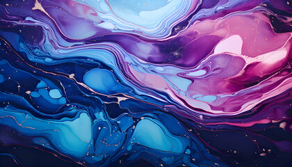 Abstract fluid art with vibrant colors swirling in blue, purple, and pink tones.