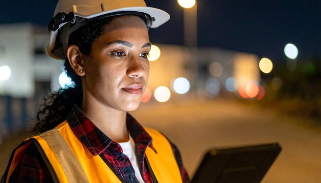 Female Engineer Using Tablet On Site at Night with Hard Hat and Safety Vest.