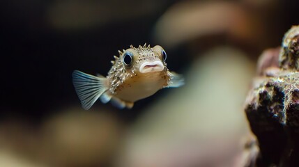 A baby pufferfish hovering near a coral ledge