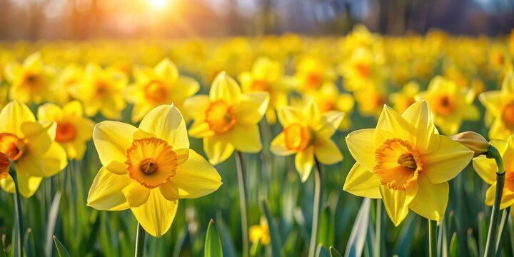 A field of bright yellow daffodil flowers swaying gently in the spring breeze, spring, nature, spring, nature, daffodils - Powered by Adobe