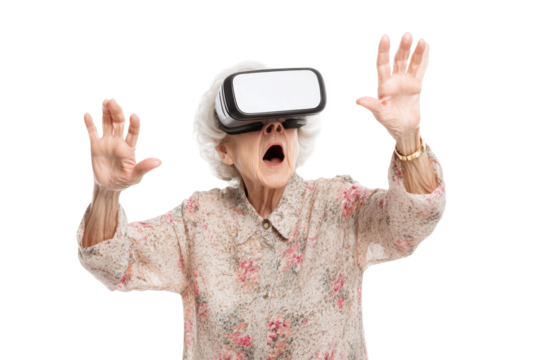 Elderly caucasian woman experiencing virtual reality with vr headset, cut out - Powered by Adobe