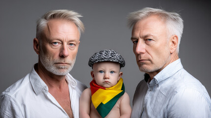Men and a baby showcase their unique styles with striking expressions and colorful accessories in a studio setting