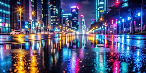 Fototapeta premium Sparkling cityscape at night with neon lights reflecting off wet pavement