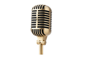 Fototapeta premium Vintage golden microphone on stand isolated on white background, cut out