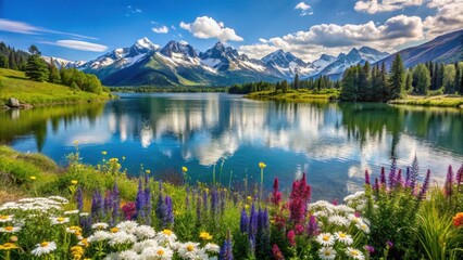 A serene lake with snow-capped mountains in the background, surrounded by lush greenery and vibrant wildflowers, mountain, spring landscape