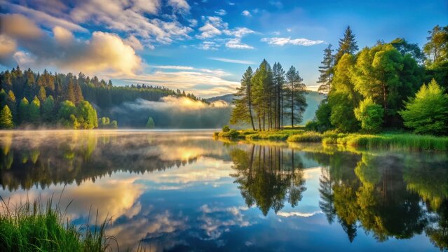 Misty dawn over a tranquil lake with tall trees and lush greenery, surrounded by rolling hills and a clear blue sky with fluffy white clouds , misty morning, calming scene