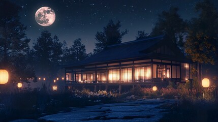 A nighttime view of a Japanese house with lanterns glowing across the veranda, silhouettes of trees against moonlit sky 