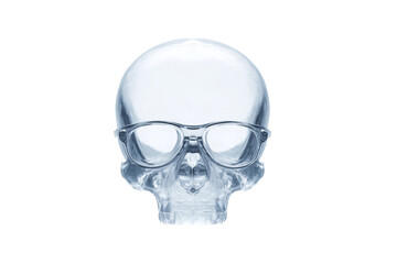 Clear glass skull wearing eyeglasses on white background, cut out
